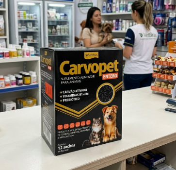 Carvopet Vetbras 8g - Caixa com 12 Sachês - Cães e Gatos - Antitóxico à Base de Carvão Ativado