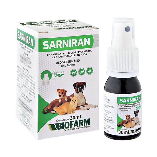 Sarniran Spray 30ml Biofarm - Frasco Pequeno - Cães e Gatos - Sarnicida, Antipulgas, Carrapaticida e Fungicida