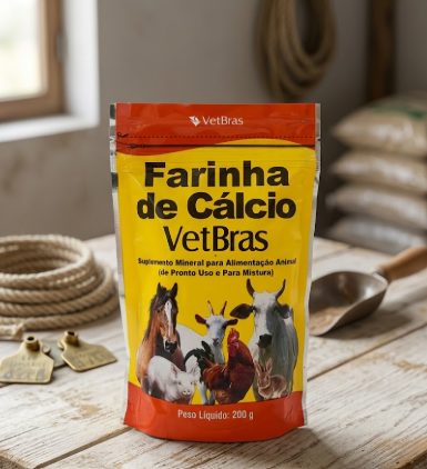 Farinha de Cálcio Vetbras 200g - Embalagem Pequena - Suplemento Mineral para Aves, Bovinos, Suínos, Ovinos, Caprinos e E