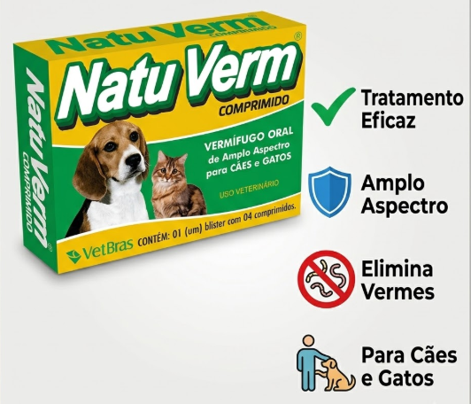 Natu Verm Vetbras 4 Comprimidos - Vermífugo para Cães e Gatos