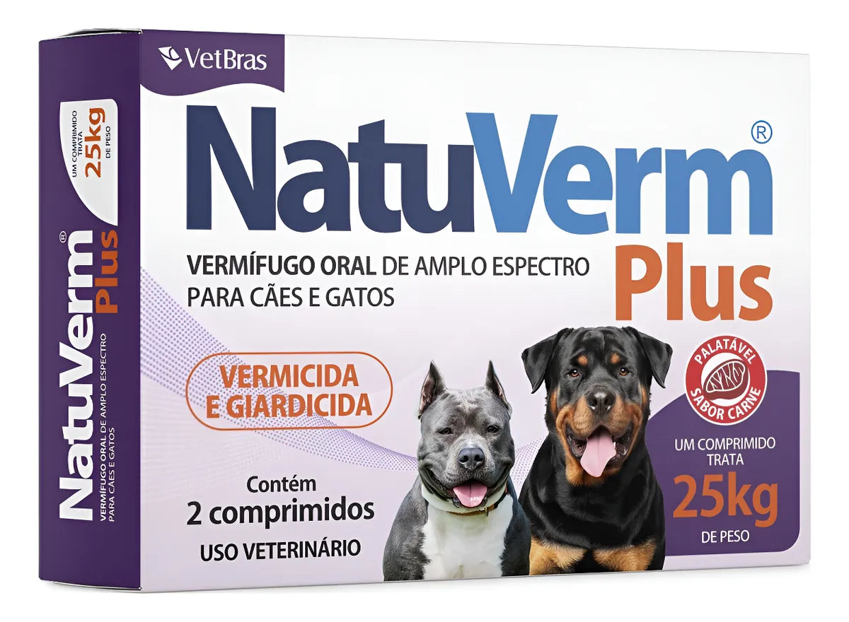 Natu Verm Plus Vetbras - Cães e gatos até 25kg - 2 Comprimidos, Vermífugo e Giardicida