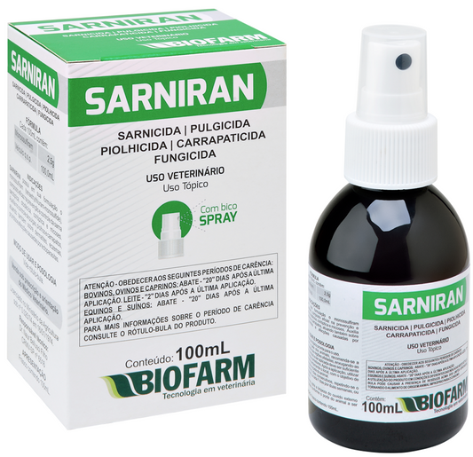 Sarniran Spray 100ml Biofarm - Cães e Gatos - Sarnicida, Antipulgas, Carrapaticida e Fungicida