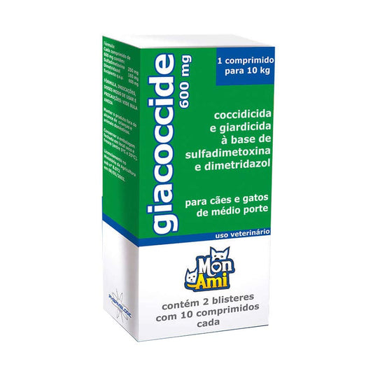 Giacoccide 600mg Mon Ami 20 Comprimidos - Cães e Gatos de Médio Porte - Coccidicida e Giardicida